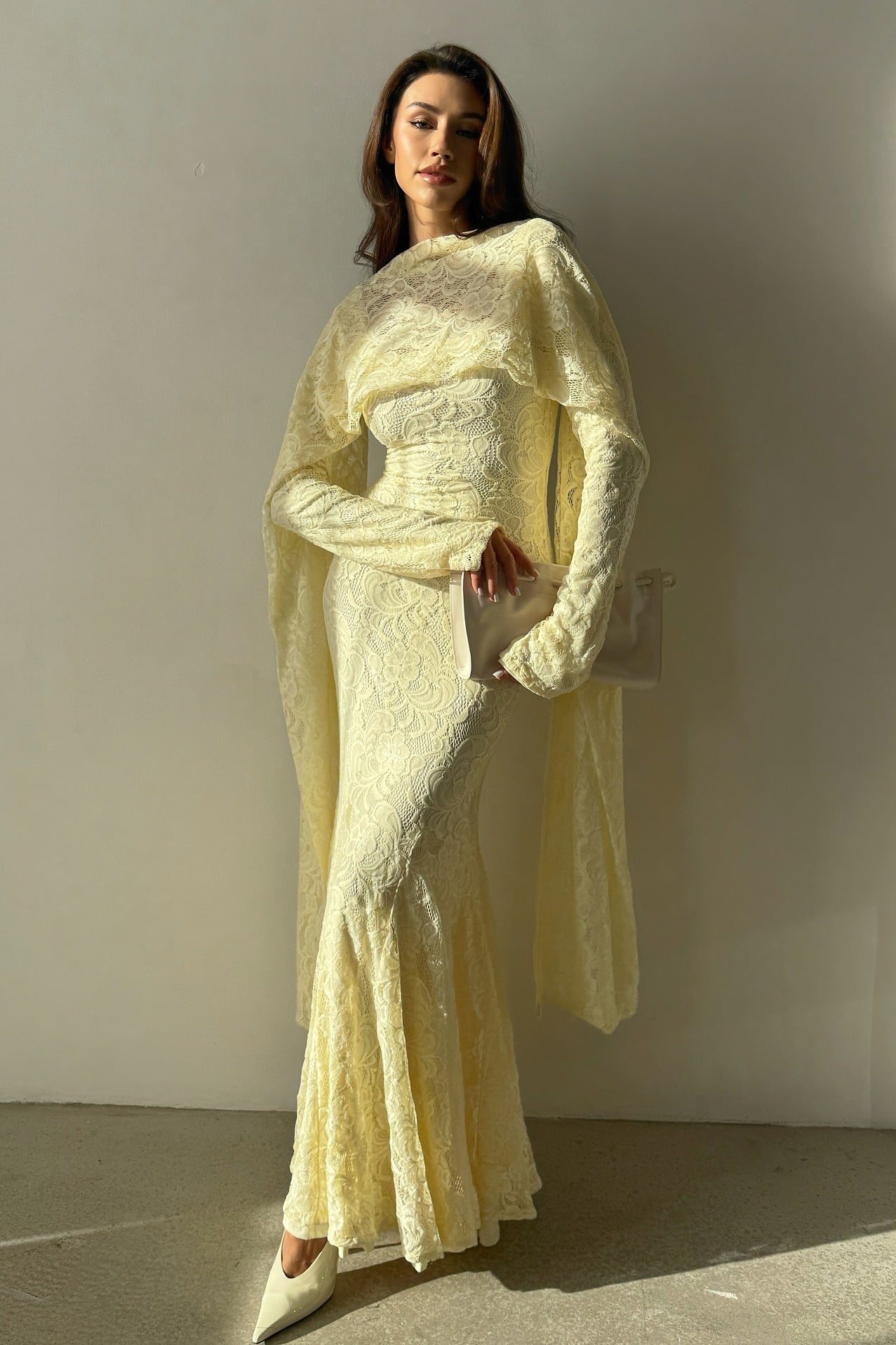Lila Cape Sleeve Lace Mermaid Maxi Dress-Yellow