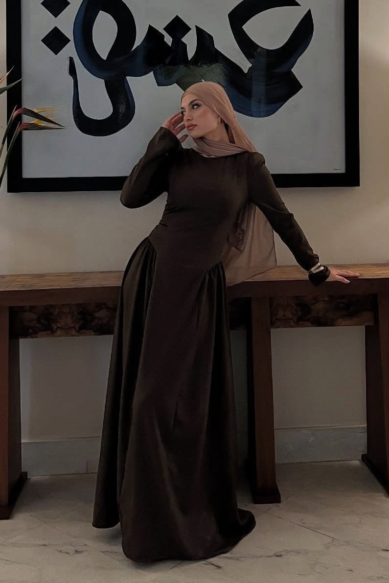 Zaina Sleek Satin Long Sleeve Abaya-Brown