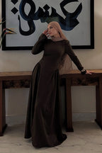 Zaina Sleek Satin Long Sleeve Abaya-Brown