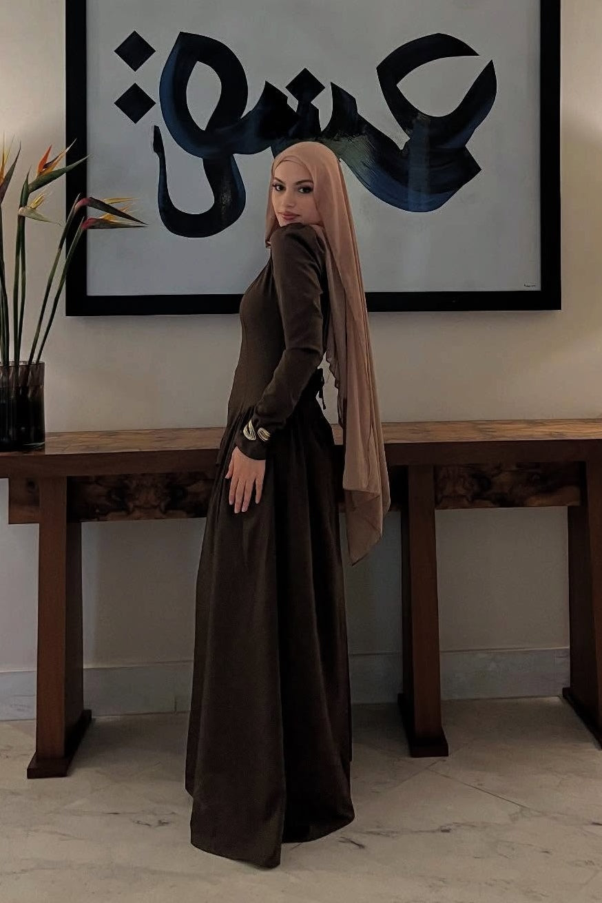 Zaina Sleek Satin Long Sleeve Abaya-Brown