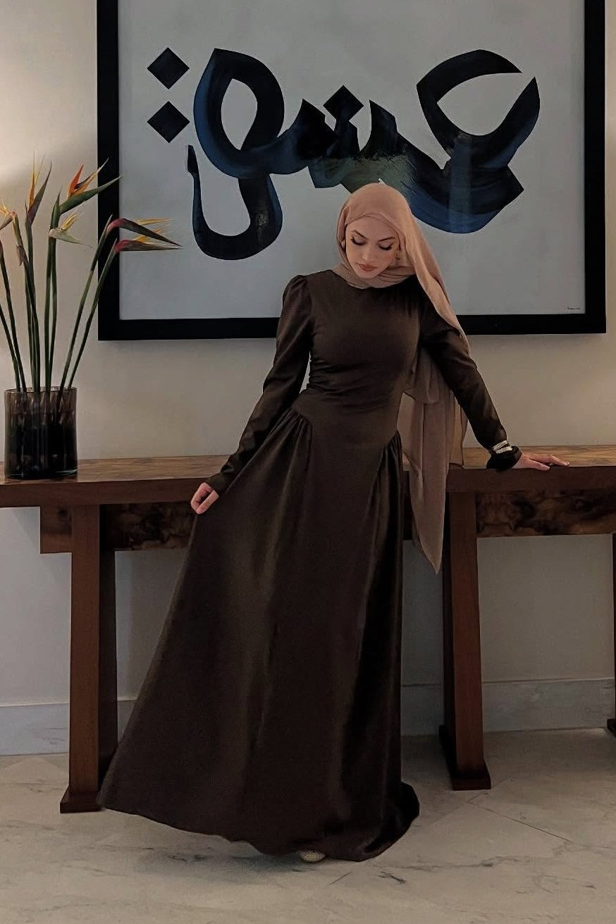 Zaina Sleek Satin Long Sleeve Abaya-Brown