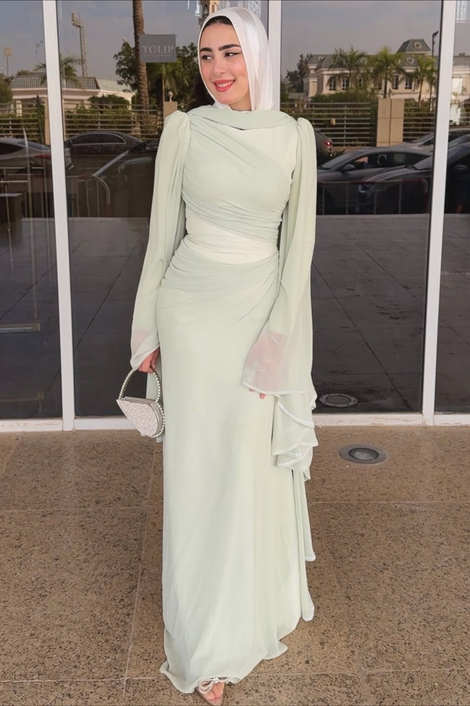 Amelia Ruched Cape Maxi Dress