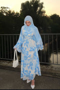 Yara Watercolor Ruffle Flare Maxi Dress-Blue