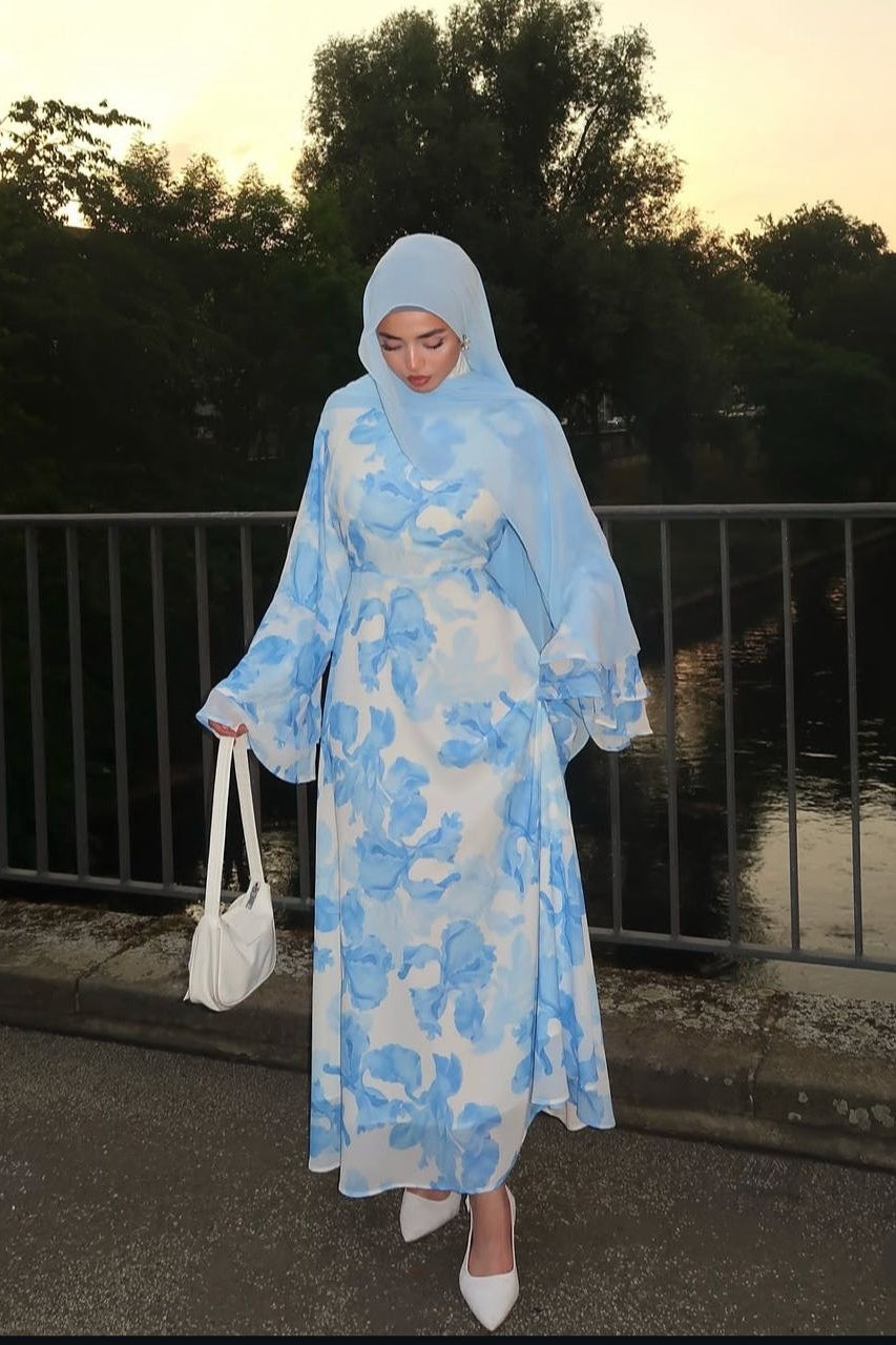 Yara Watercolor Ruffle Flare Maxi Dress-Blue