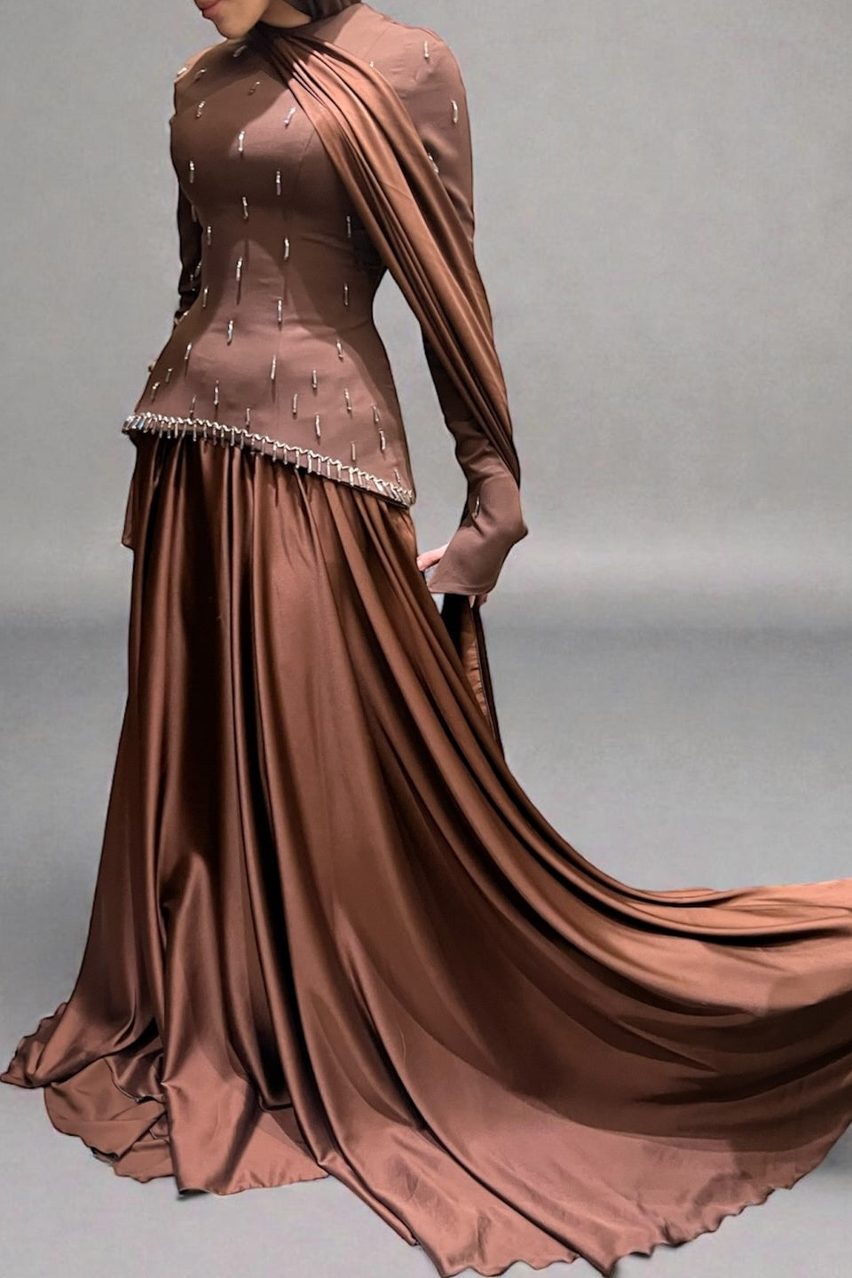 Mary Beaded Peplum Two Piece Satin Abaya