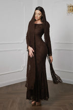 Lila Cape Sleeve Lace Mermaid Maxi Dress-Brown