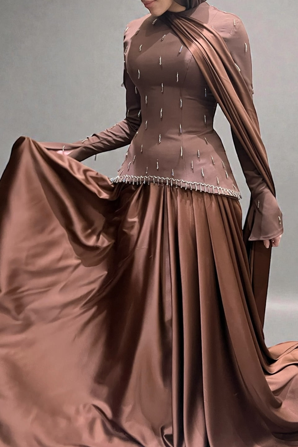 Mary Beaded Peplum Two Piece Satin Abaya