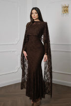 Lila Cape Sleeve Lace Mermaid Maxi Dress-Brown