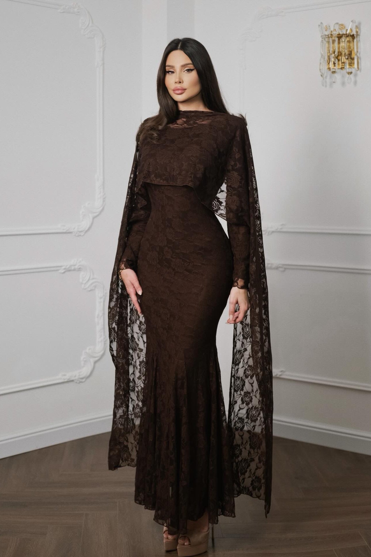 Lila Cape Sleeve Lace Mermaid Maxi Dress-Brown