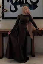 Zaina Sleek Satin Long Sleeve Abaya-Brown