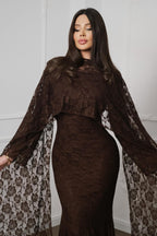 Lila Cape Sleeve Lace Mermaid Maxi Dress-Brown
