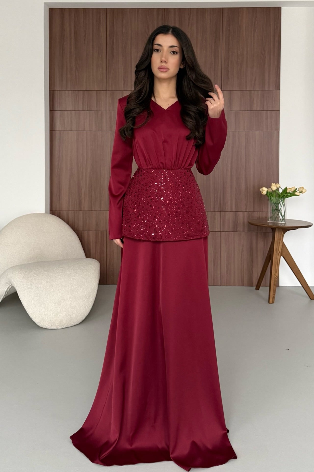 Zehra Sequin Waist Satin Maxi Dress-Red