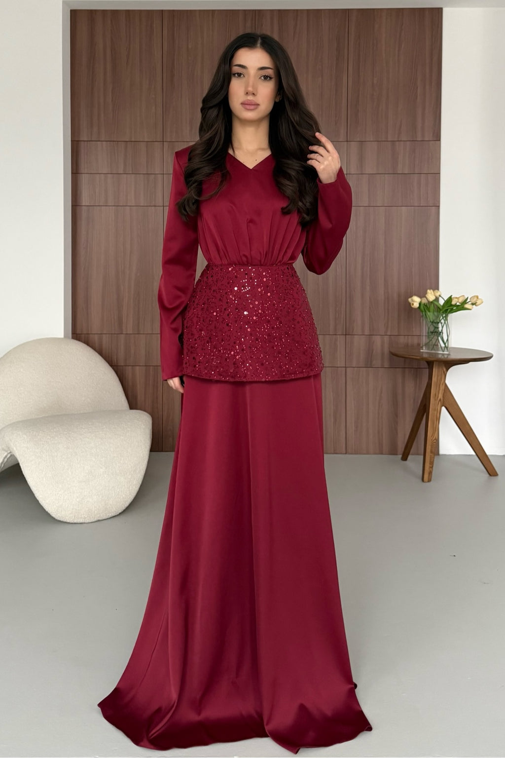 Zehra Sequin Waist Satin Maxi Dress-Red