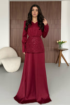 Zehra Sequin Waist Satin Maxi Dress-Red