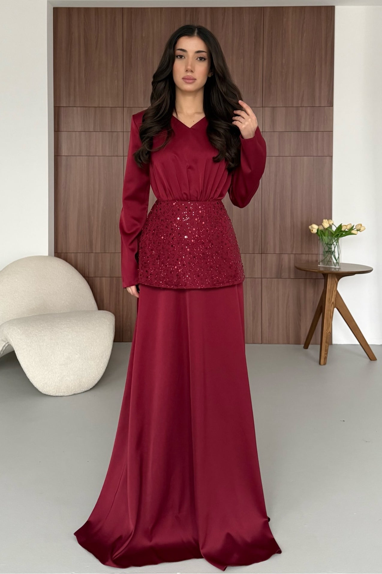 Zehra Sequin Waist Satin Maxi Dress-Red