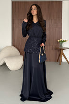 Zehra Sequin Waist Satin Maxi Dress-DarkBlue