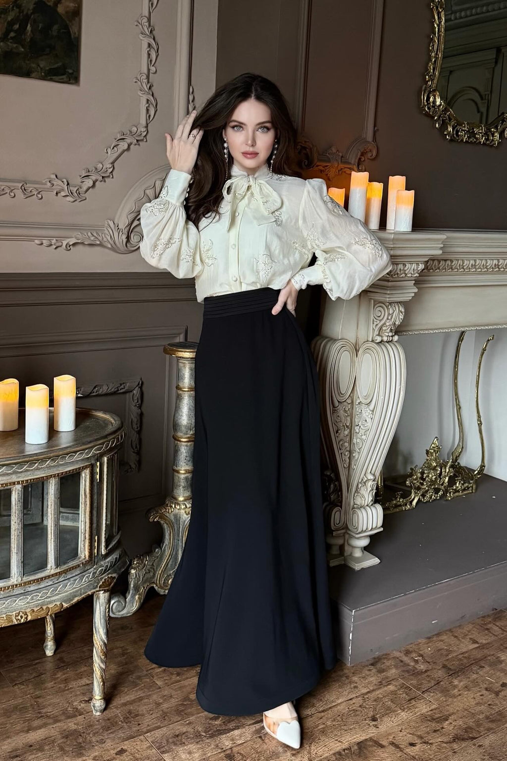 Diana Bow Embroidered Shirt Skirt Co-ord