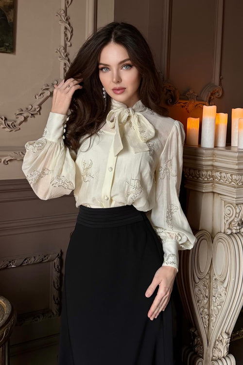 Diana Bow Embroidered Shirt Skirt Co-ord