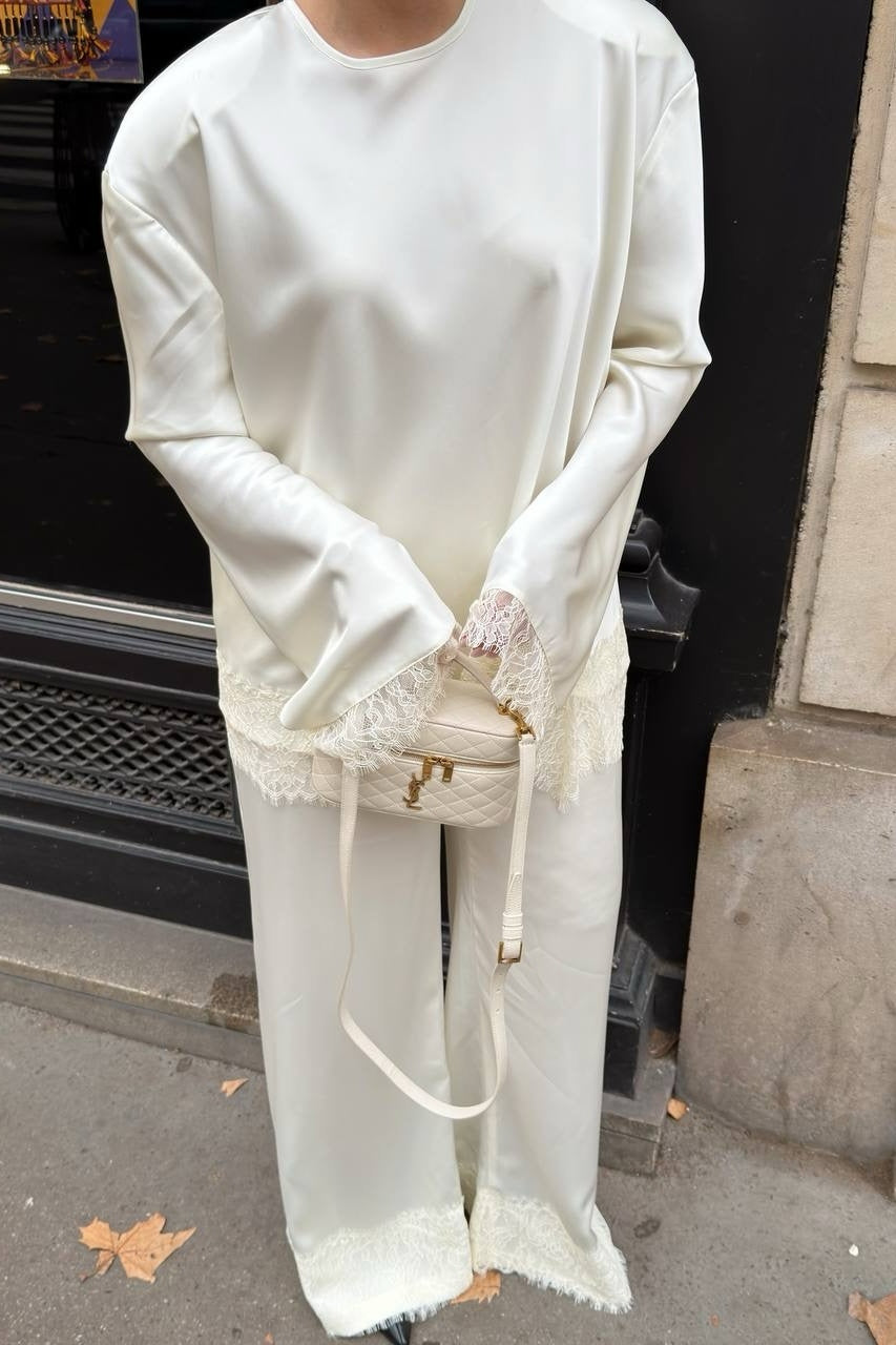 Thea Lace Trim Satin Co Ord Set-Apricot