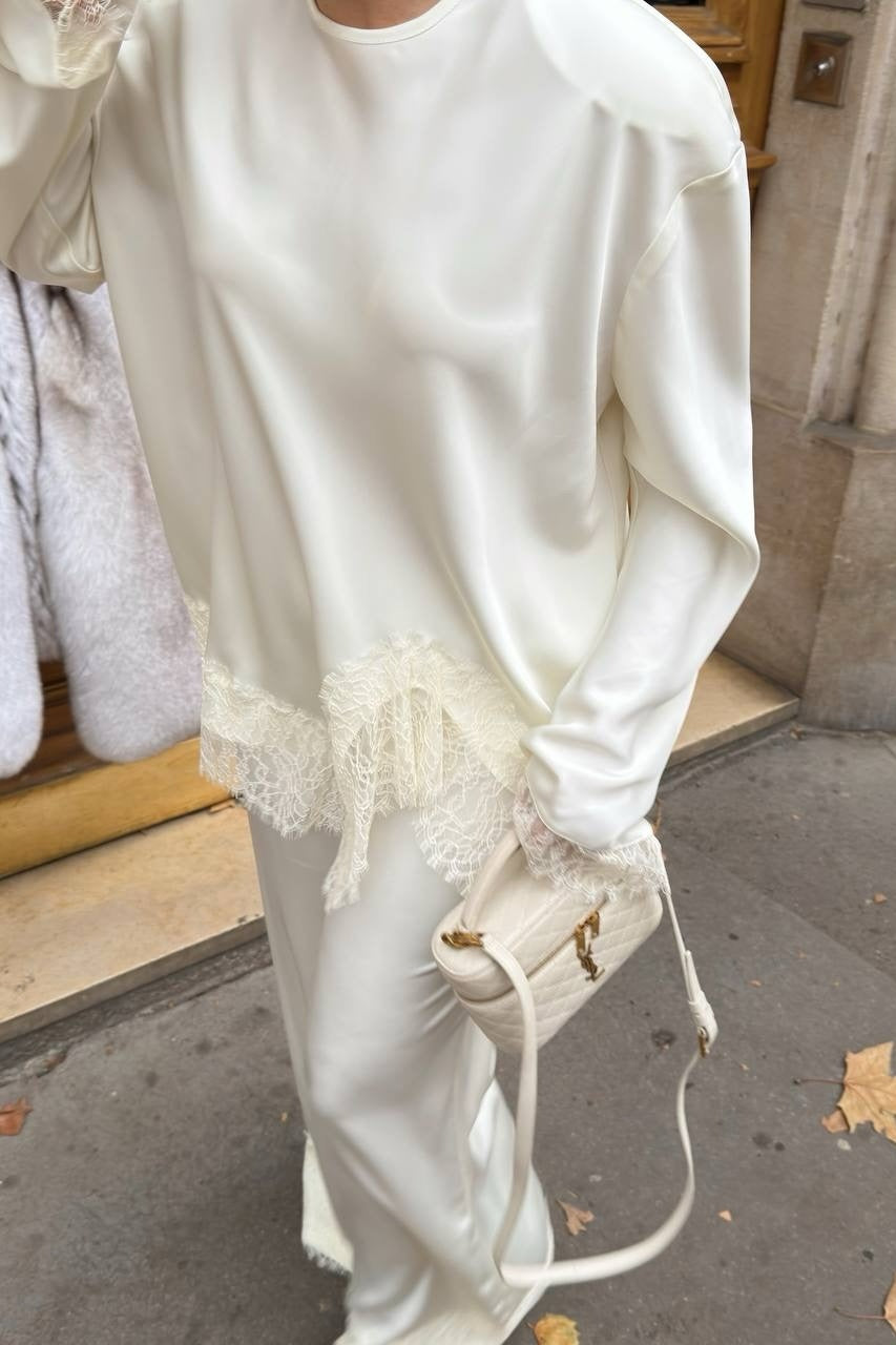 Thea Lace Trim Satin Co Ord Set-Apricot