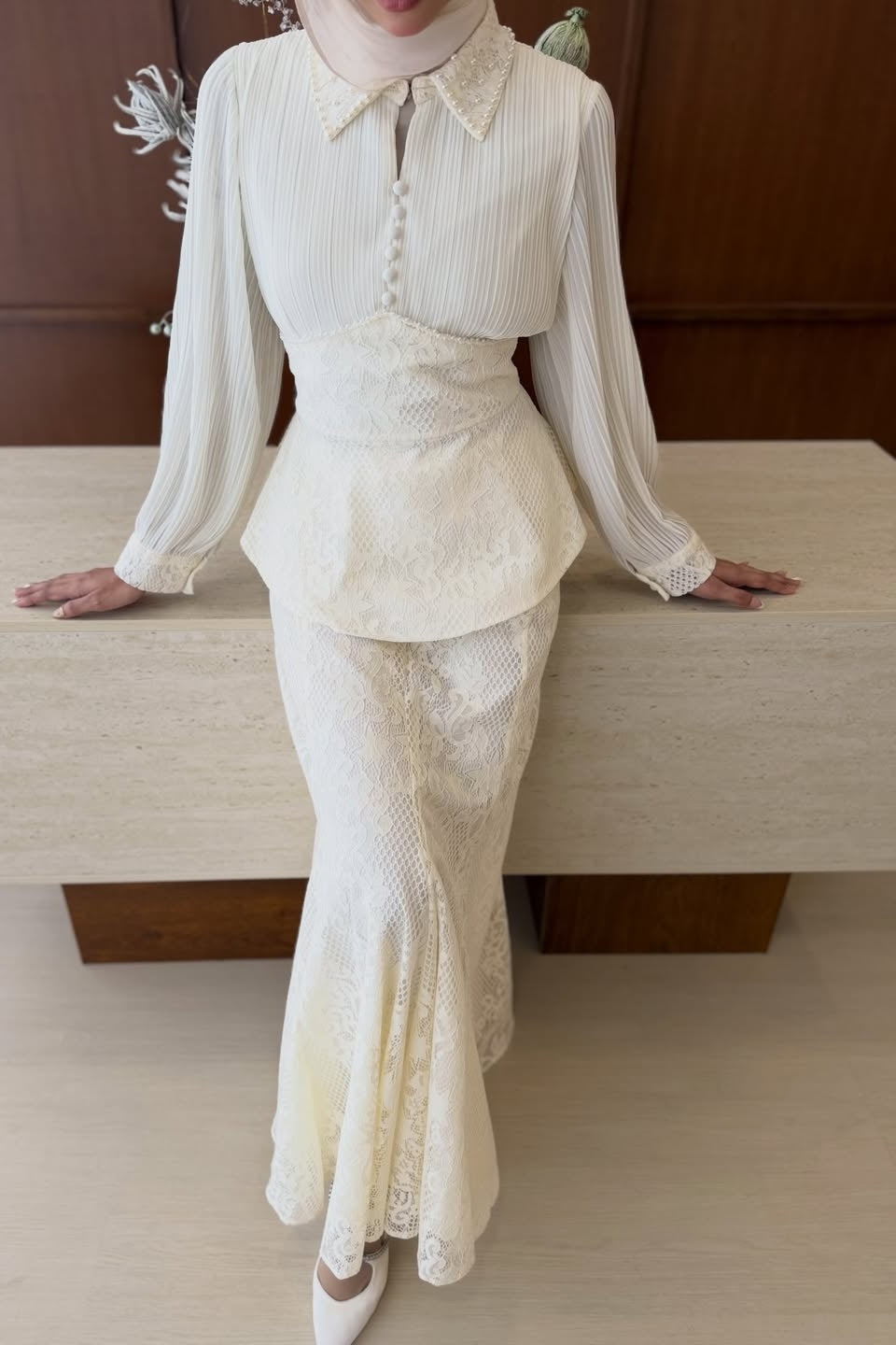 Chloe Pleated Lace Peplum Skirt Set-White