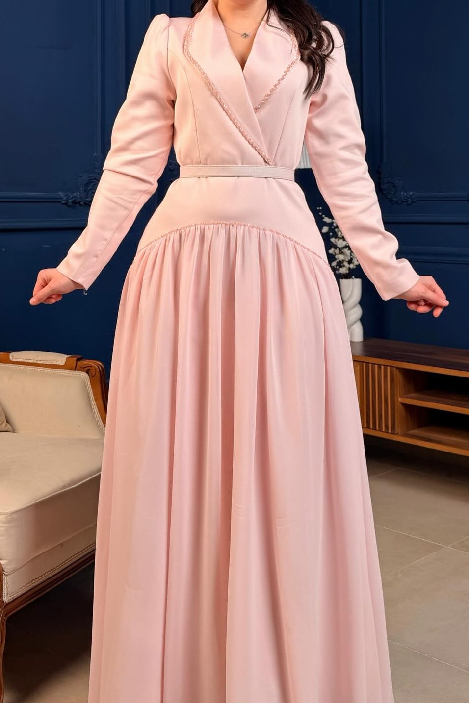 Liana Lapel Beaded Wrap Waist Maxi Dress-Pink