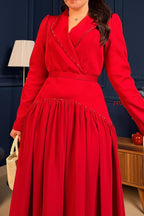 Liana Lapel Beaded Wrap Waist Maxi Dress-Red