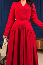 Liana Lapel Beaded Wrap Waist Maxi Dress-Red