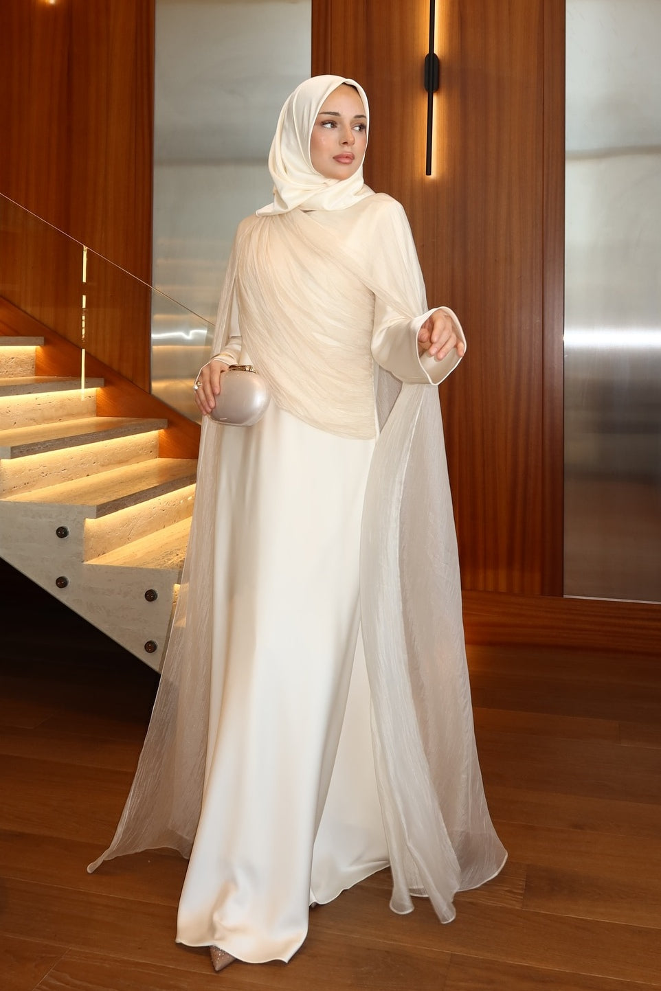 Elena Asymmetric Draped Cape Evening Gown