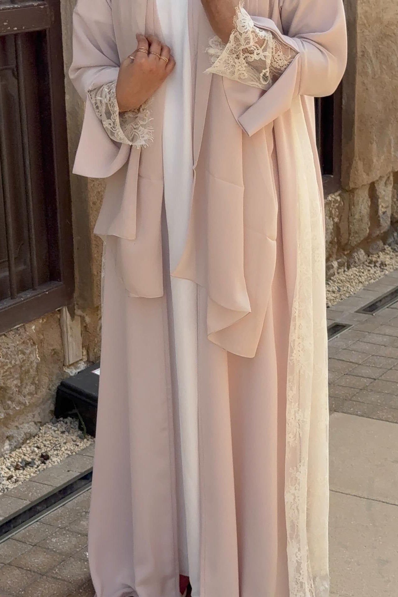 Muna Lace Panel Flare Sleeve Open Abaya