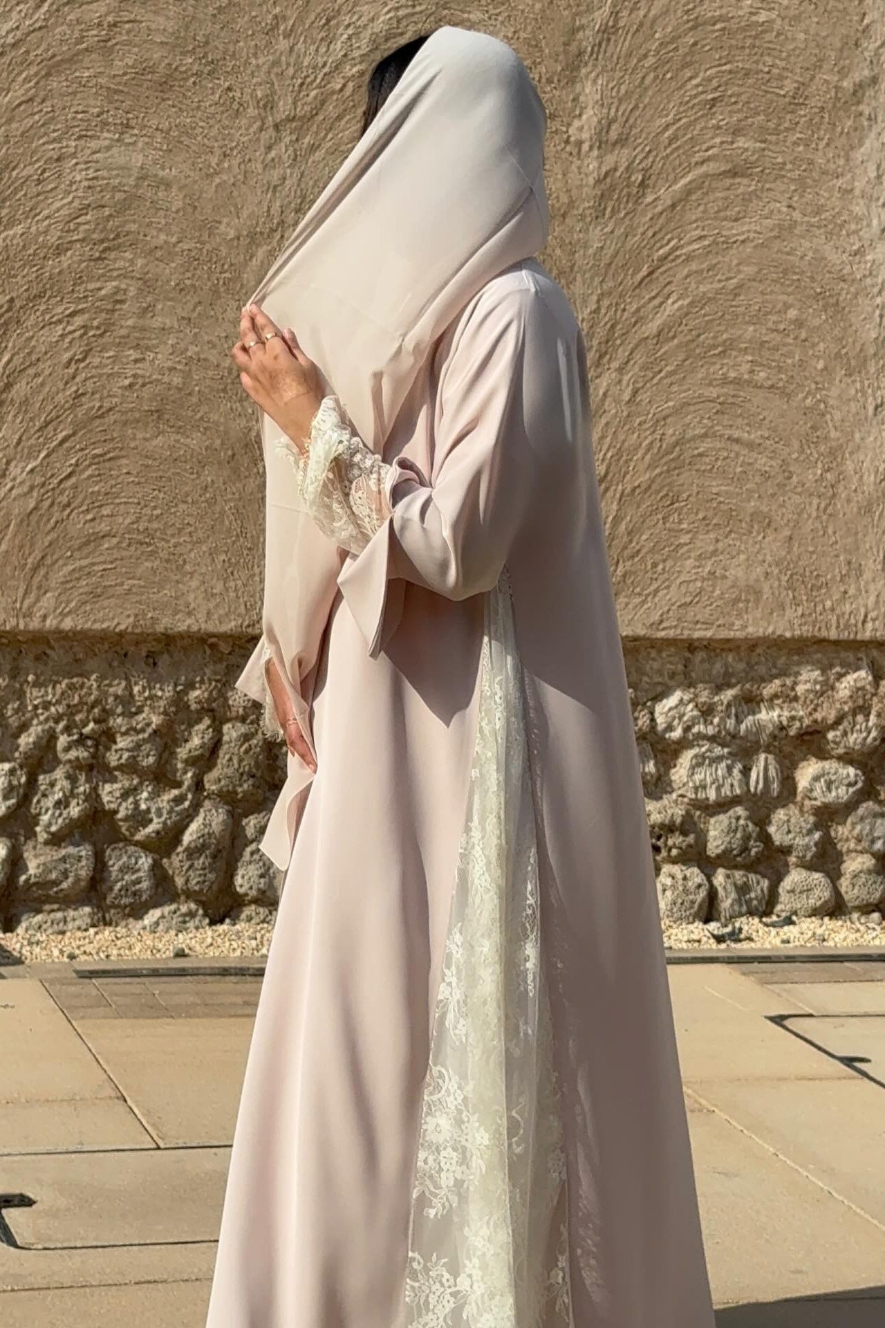 Muna Lace Panel Flare Sleeve Open Abaya