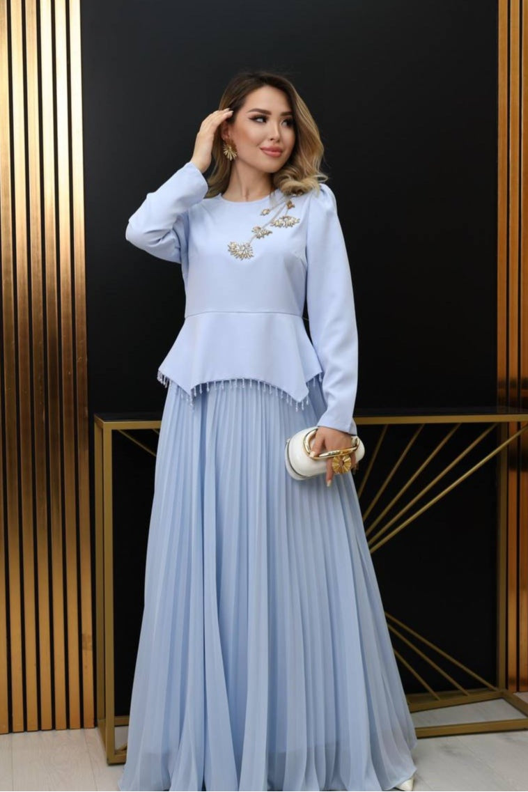 Sara Crystal Embellished Peplum Pleated Maxi Outfit-Blue