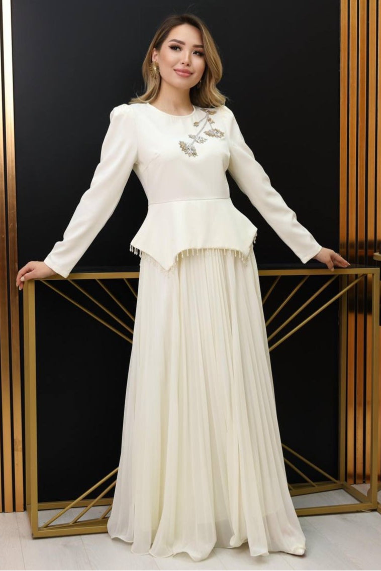 Sara Crystal Embellished Peplum Pleated Maxi Outfit-Apricot