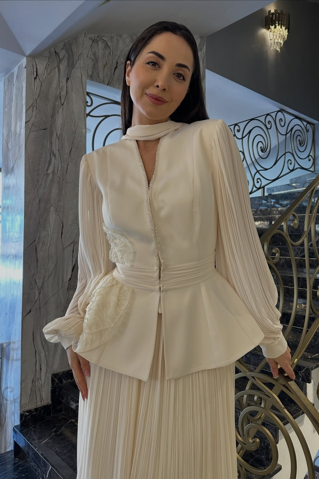 Elena Peplum Pleated Skirt Two Piece Set-Apricot