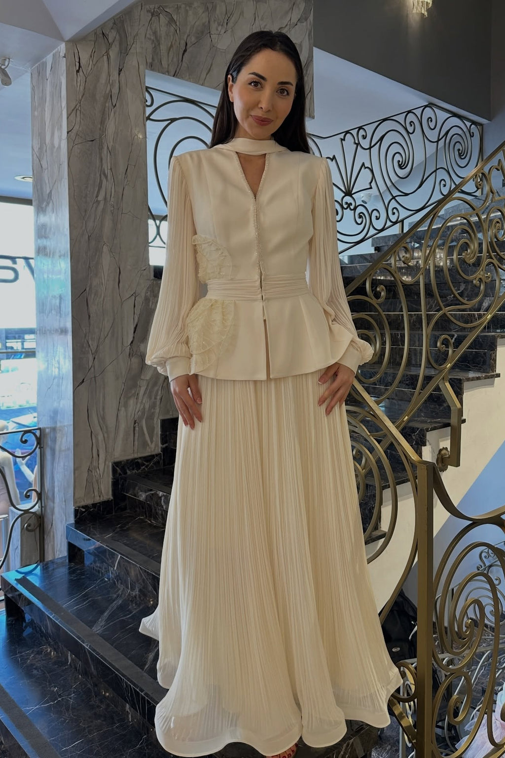 Elena Peplum Pleated Skirt Two Piece Set-Apricot