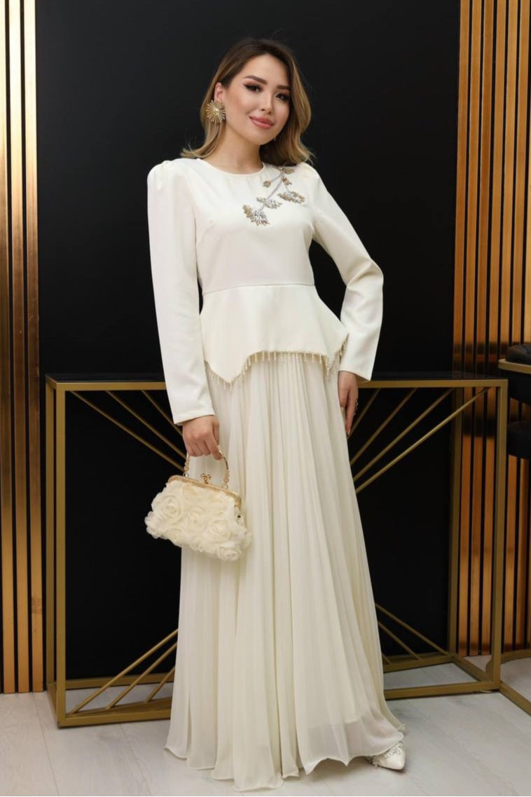 Sara Crystal Embellished Peplum Pleated Maxi Outfit-Apricot