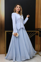 Sara Crystal Embellished Peplum Pleated Maxi Outfit-Blue