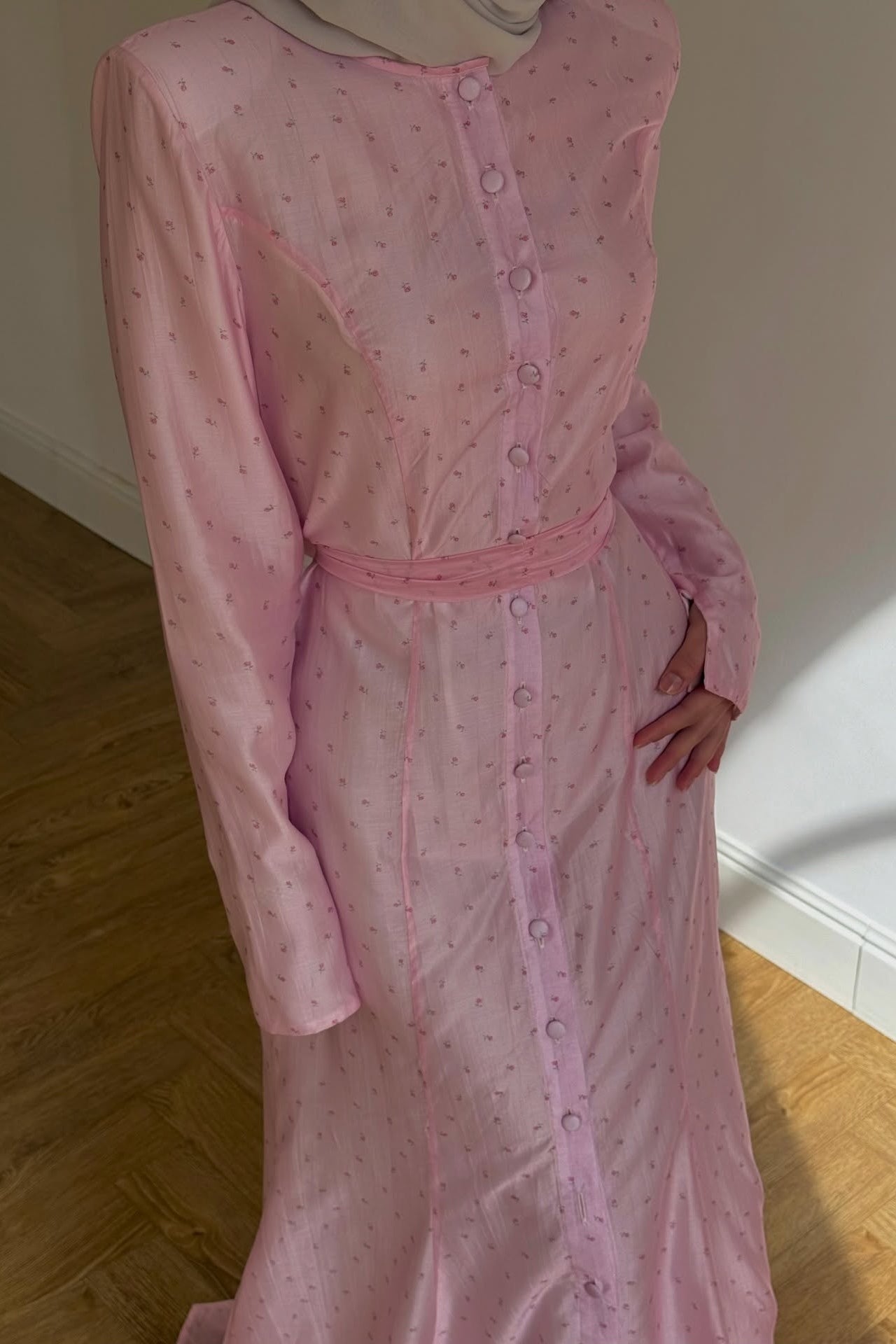 Elaina Dotted Button Tie Waist Mermaid Maxi Dress