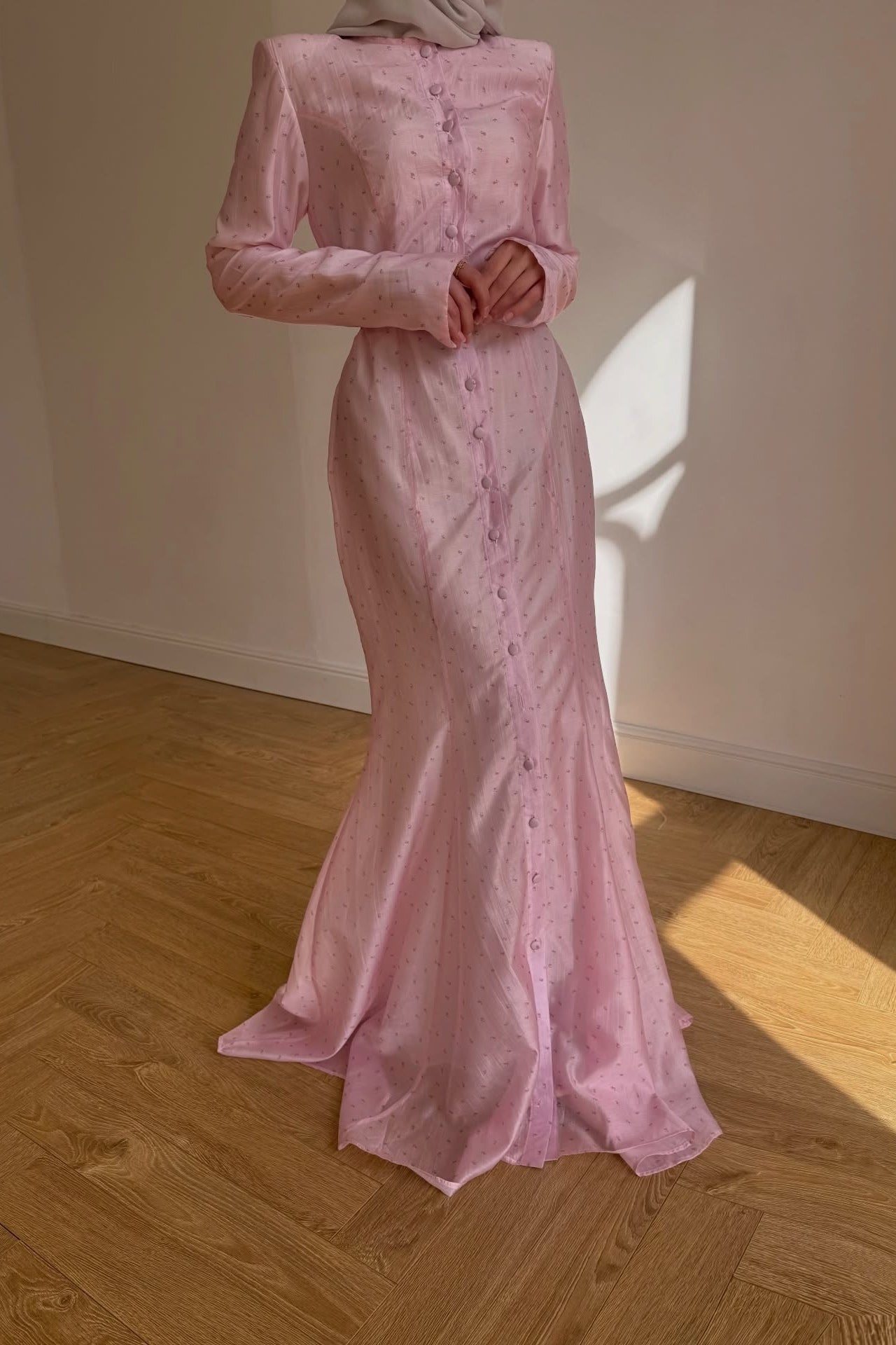 Elaina Dotted Button Tie Waist Mermaid Maxi Dress
