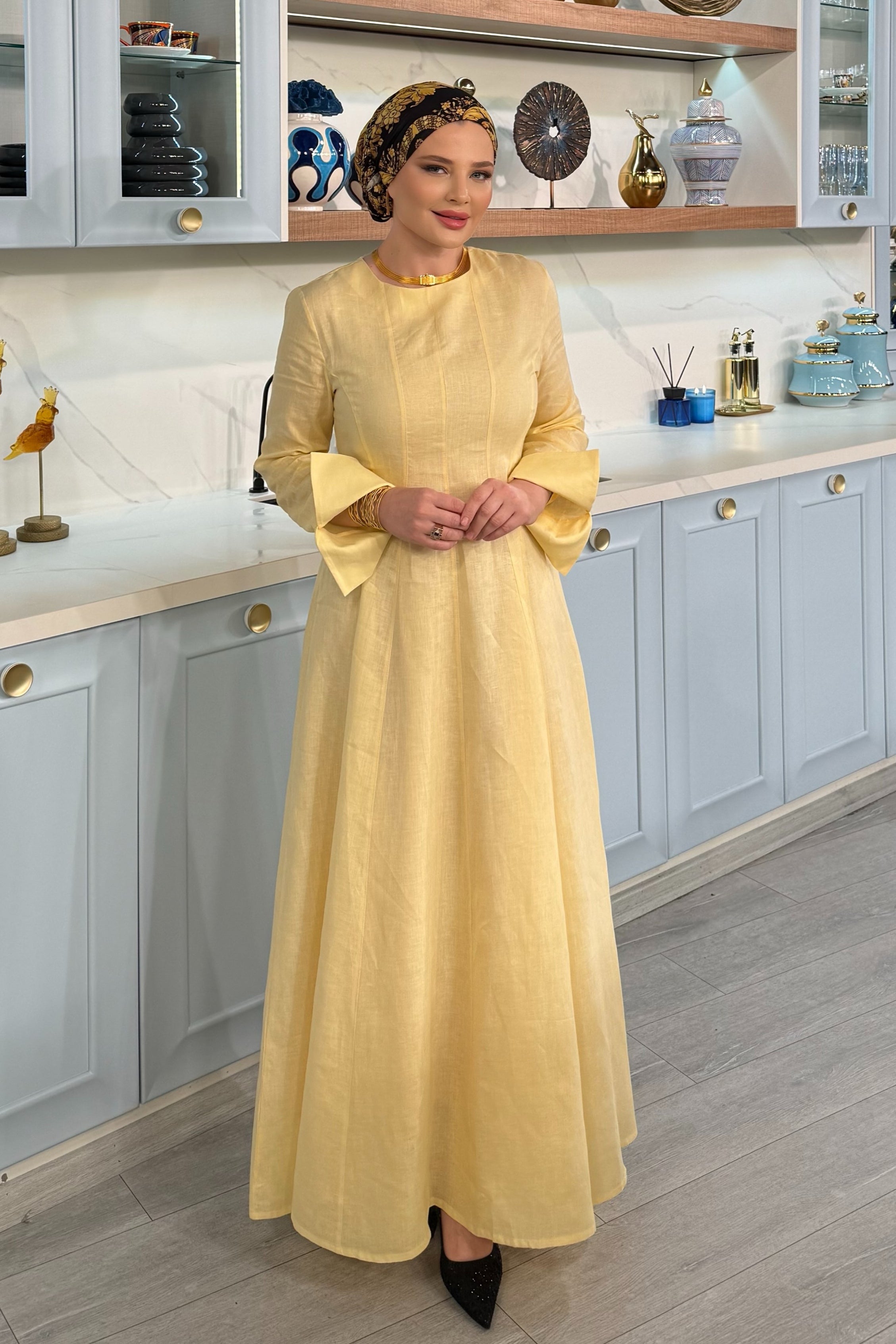 Sarah Yellow Linen Flare Long Sleeve Abaya