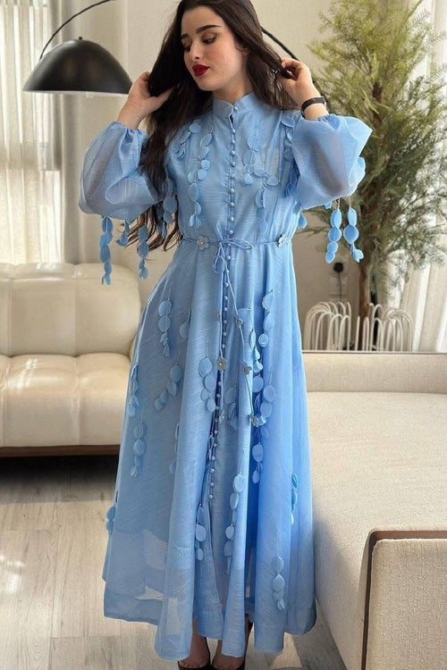 Amara Petal Applique Tie Waist Midi-Blue