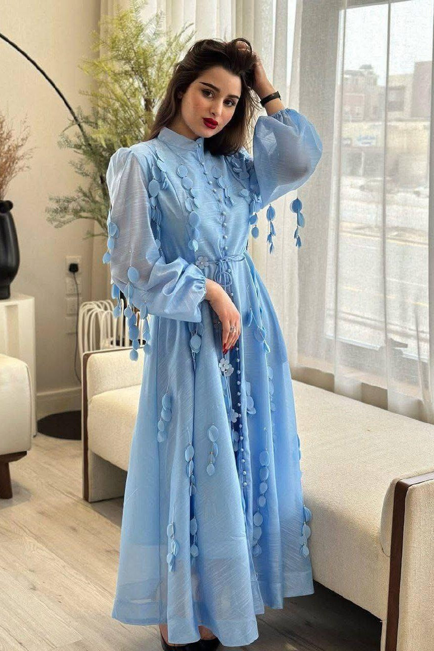 Amara Petal Applique Tie Waist Midi-Blue