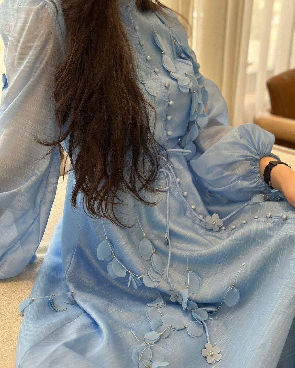 Amara Petal Applique Tie Waist Midi-Blue