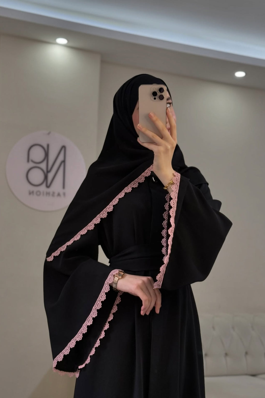 Lina Pink Lace Trim Two Piece Abaya Set
