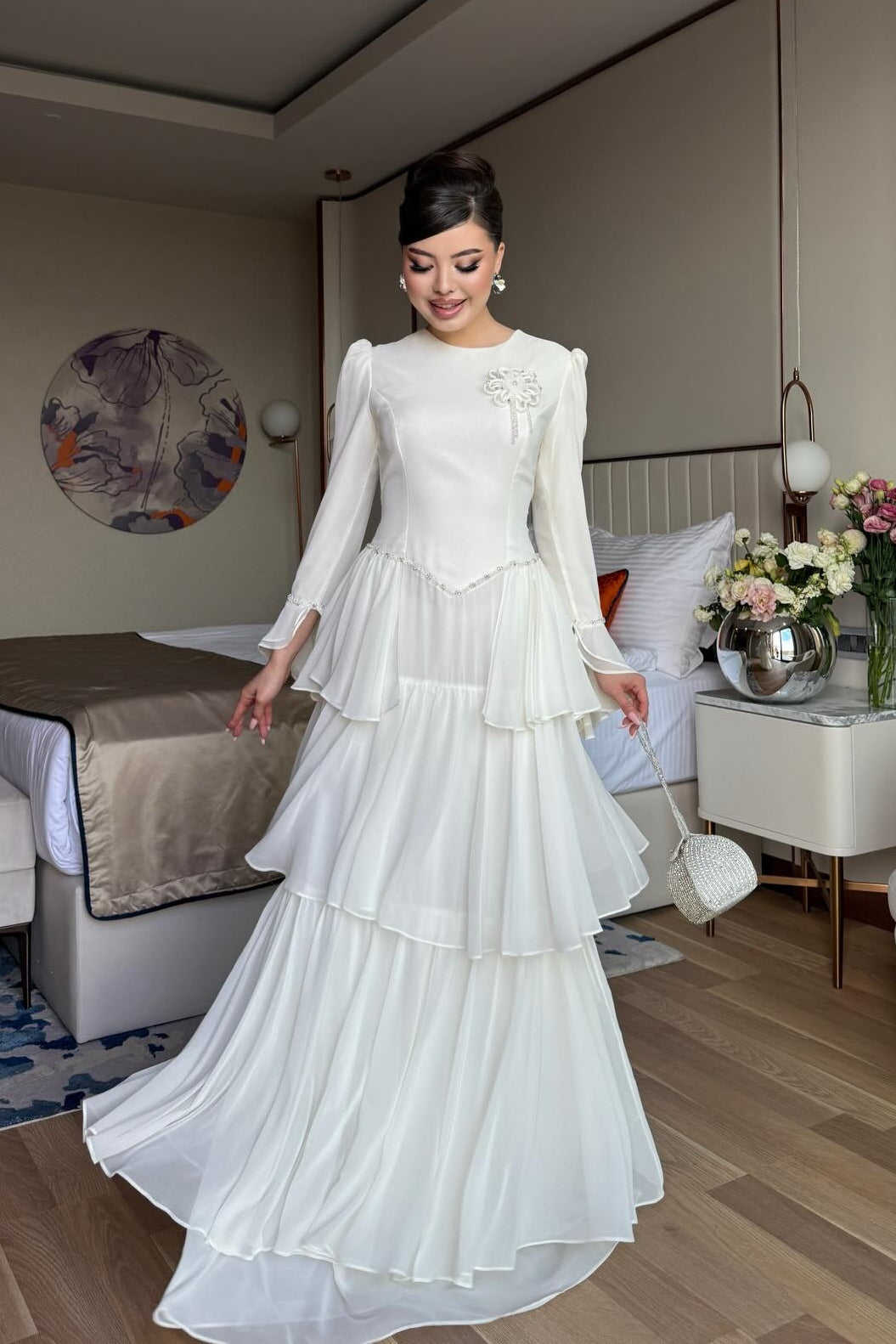 Celeste Floral Brooch Tiered Maxi Dress-White