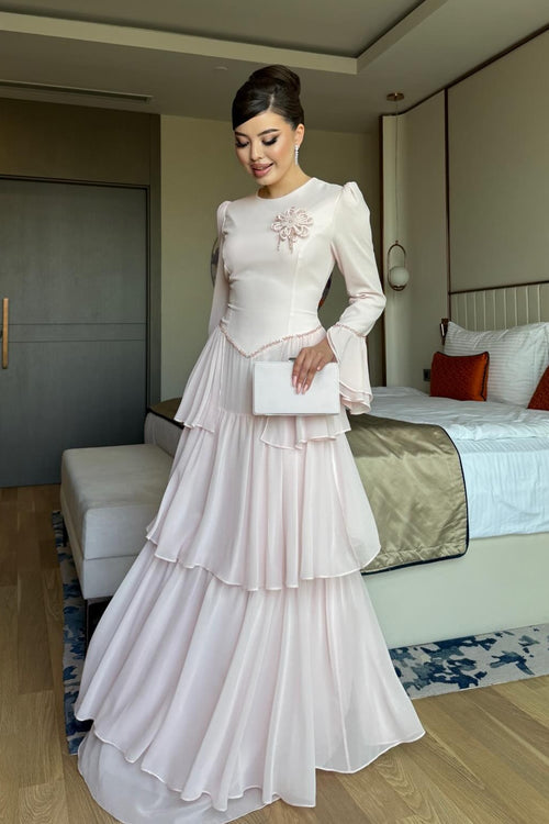Celeste Floral Brooch Tiered Maxi Dress-Pink