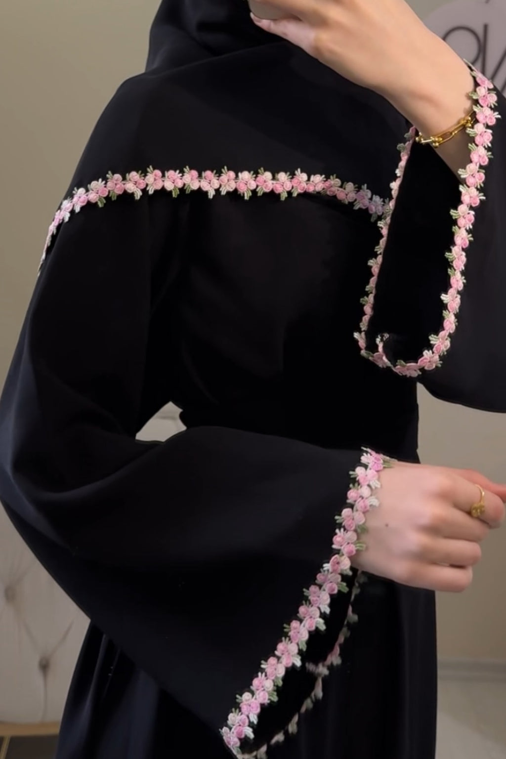 Zaina Pink Mini Floral Trim Two Piece Abaya Set