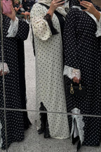 Maryam Polka Dot Lace Trim Open Abaya-White