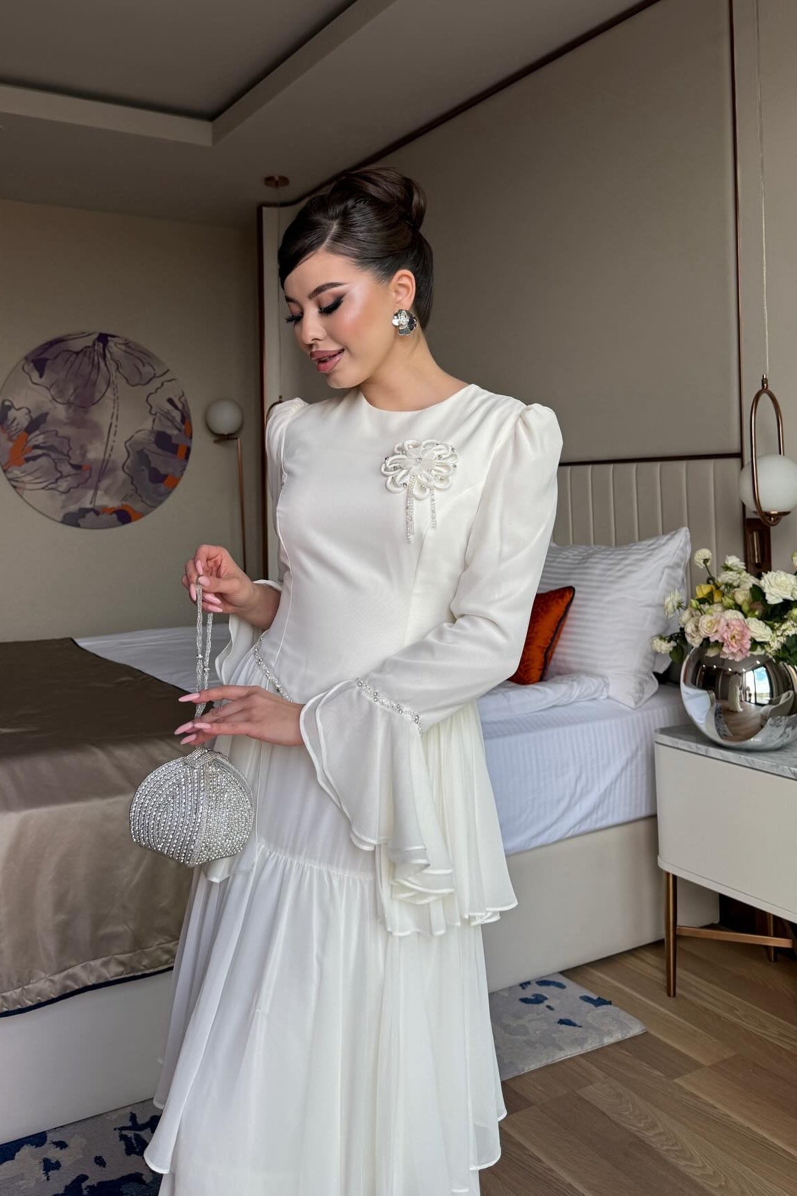 Celeste Floral Brooch Tiered Maxi Dress-White