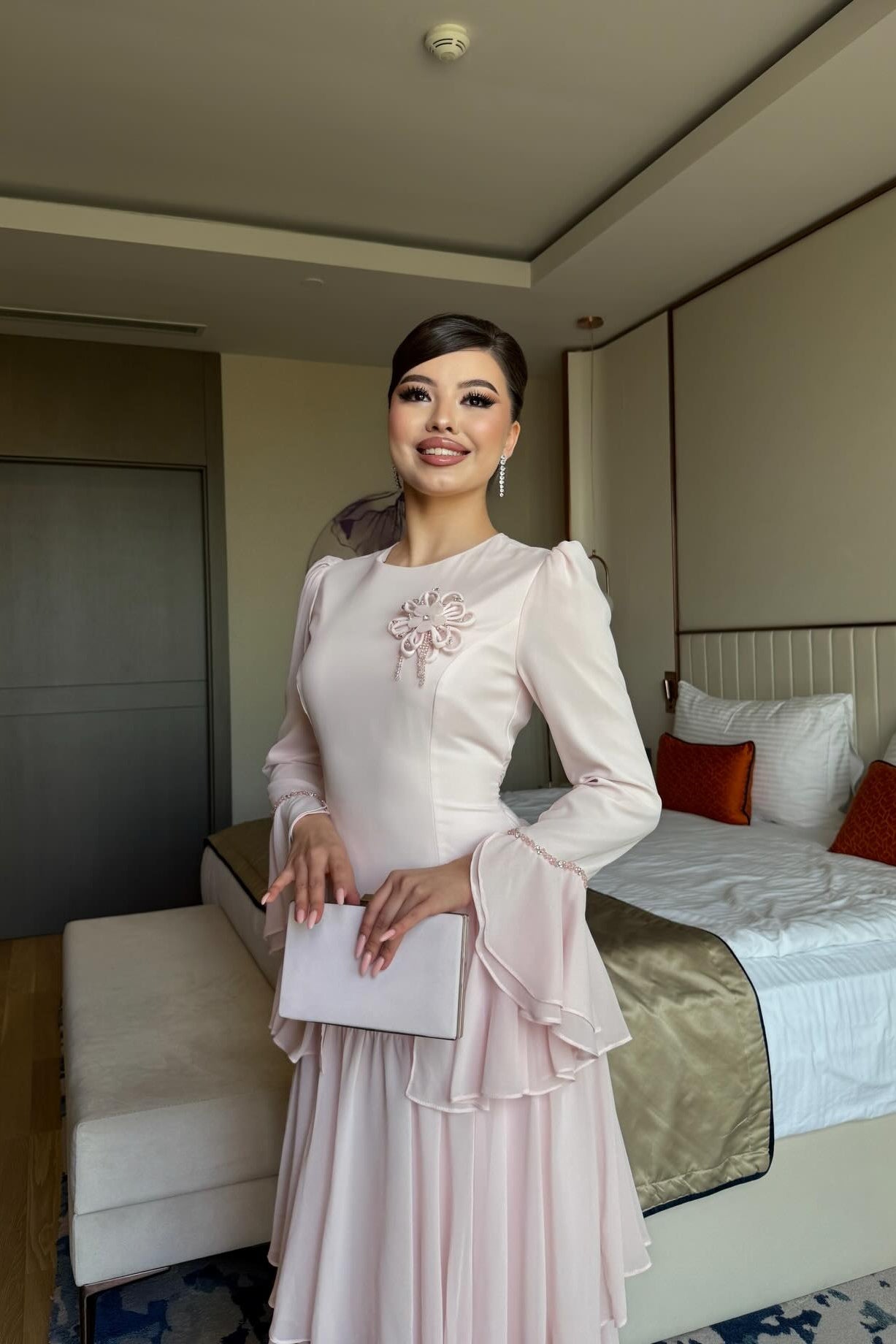 Celeste Floral Brooch Tiered Maxi Dress-Pink